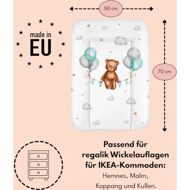 Wickelauflage 50x70 cm, Weiß mit Bär – abwaschbar & wasserdicht, weich für Neugeborene – Wickeltischauflage für Wickelkommode – Baby Wickelunterlage, schnell abwischbar – Bild 5