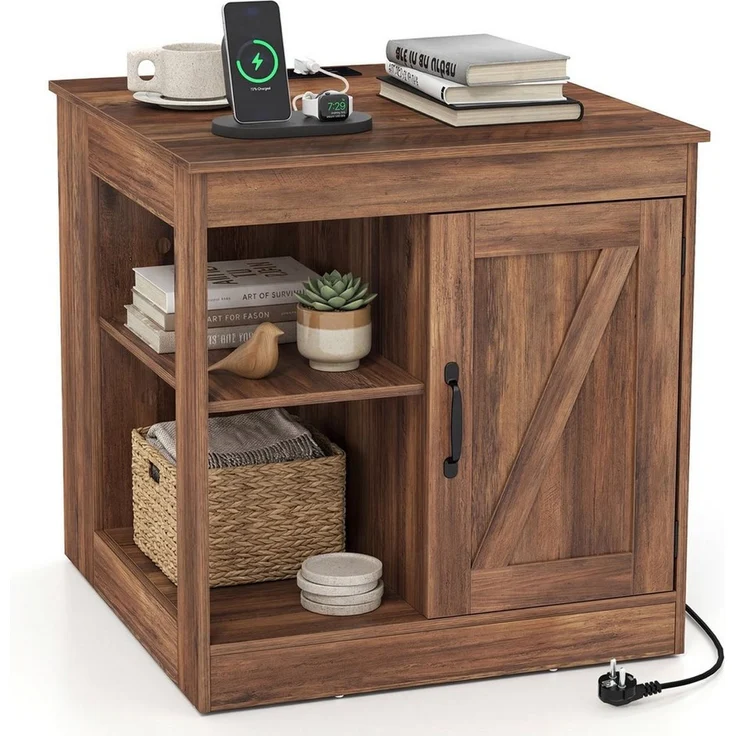 COSTWAY Beistelltisch, Nachttisch mit Ladefunktion, verstellbarem Regal Holz – Bild 5