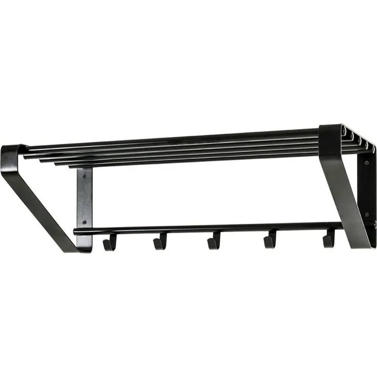 Haku Wandgarderobe mit 5 Garderobenhaken, schwarz pulverbeschichtet, aus Metall mit Stahlrohr-Ablage, 65x30x20 cm