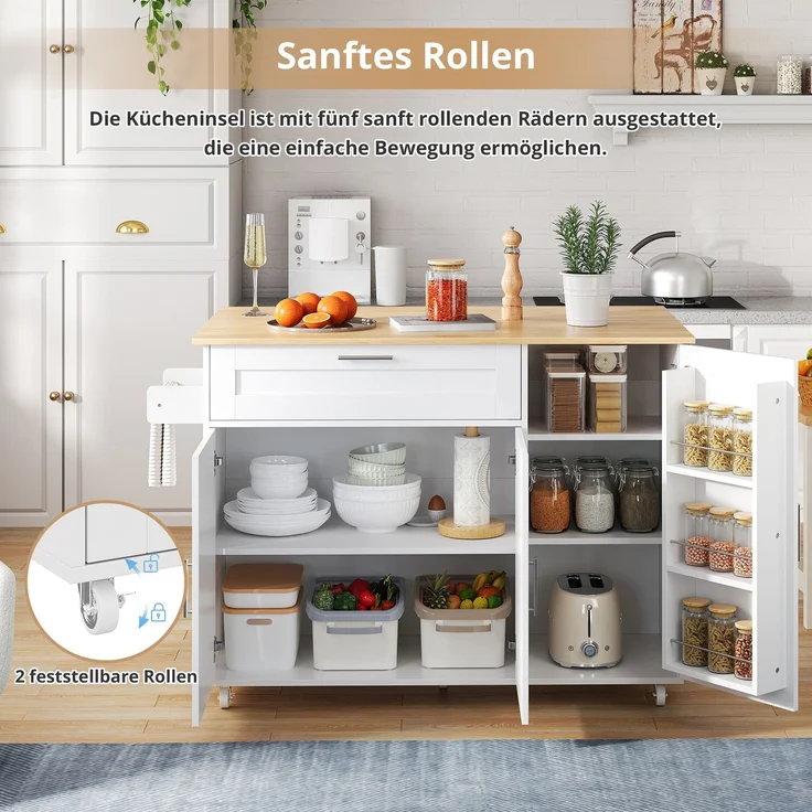 132.5*44(70)*90cm großer mobiler Küchentisch, Arbeitsplatte klappbar, Eiche Maserung, multifunktionaler Schrank, Gewürzregal, Handtuchhalter, 5 Rollen, geeignet für Küche/Essen/Haus – Bild 10
