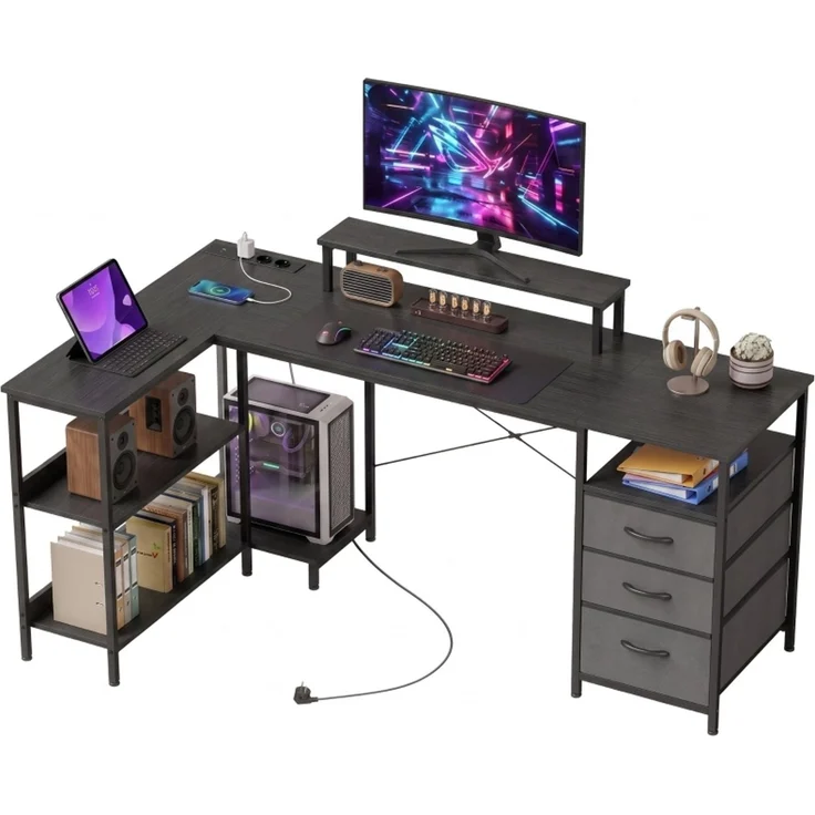 Schreibtisch in L-Form, umkehrbarer Eckschreibtisch mit Schubladen und Regalen, 170 cm, Schwarz--Schwarz--170x100x91cm--YOUDENOVA – Bild 7