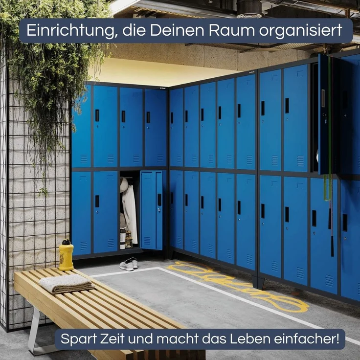 Umkleideschrank Spind BERLIN - 10 Abteile, Etikettenhalter Lüftungsschlitze | Umkleidespind Schließfachschrank Garderobenspind, 172x136x45cm Anthrazit-Blau – Bild 3