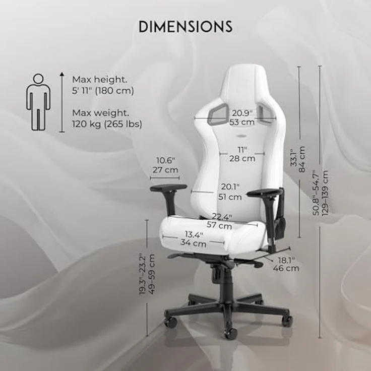 noblechairs Epic Gaming Stuhl - Gaming Sessel - Gaming Chair Pc - Bürostuhl Ergonomisch - Schreibtischstuhl - Drehstuhl - 120 kg Belastbarkei (White Edition, High-Tech Kunstleder) – Bild 3