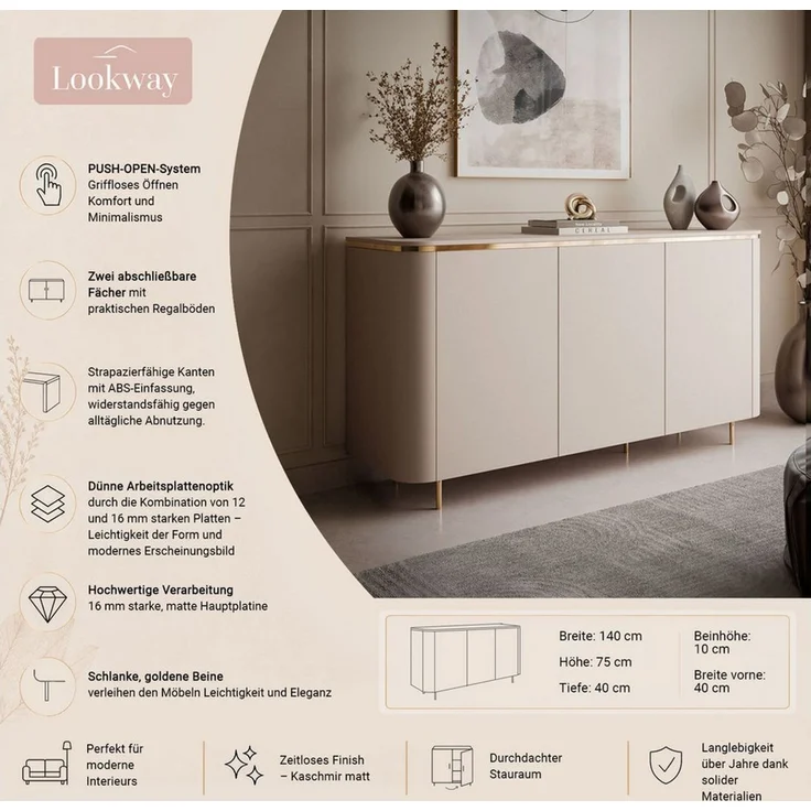 Lookway Kommode AVELINE 140 cm mit LED-Beleuchtung auf geraden Beinen – Bild 3