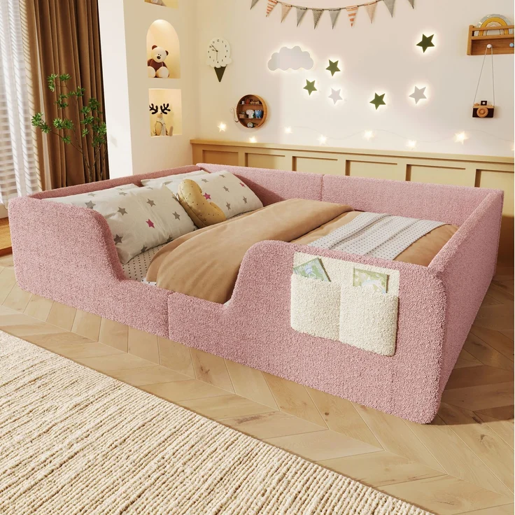 CHICFURN Polsterbett aus Samt in Rosa 140x190 cm mit abnehmbaren Sicherheitsgittern und Stofftasche – Bild 6