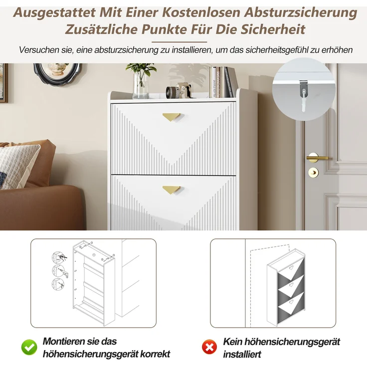 Schuhschrank 70x30x120 cm Weiß 3 Klapptüren verstellbare Trennwände gold Griffe – Bild 8