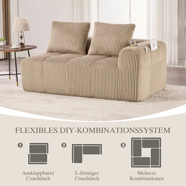 2-Sitzer Sofa, Cord mit Seitenfächern & Becherhaltern, 158x93x61 cm, Khaki – Bild 8