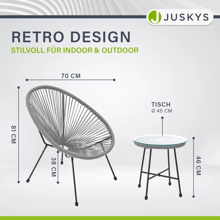 Juskys 'Ostana' Balkonmöbel Set, 3-teilig, Tisch + 2x Sessel, Polyrattan, Hellgrau – Bild 7