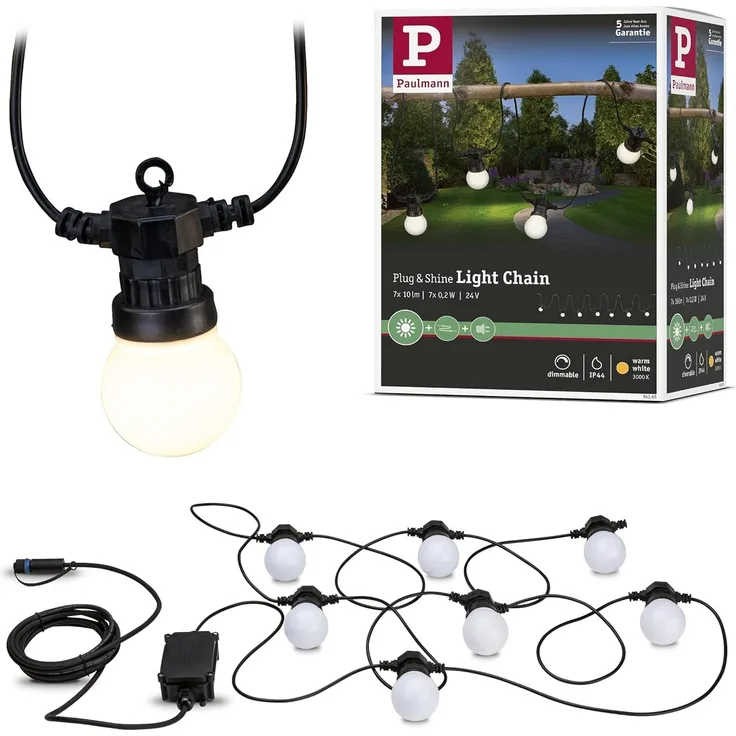 Paulmann No. 94165 Plug&Shine Lichterkette 7-flammig weiß IP44 6,8 m warmweiß