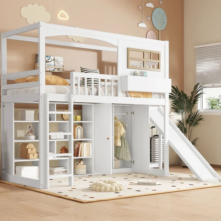 Etagenbett 90 × 200 cm (Liegefläche) – Etagenbett mit Rutsche, Kleiderschrank & Regal, vierseitiger Fallschutz, Weiß/Natur – Bild 3