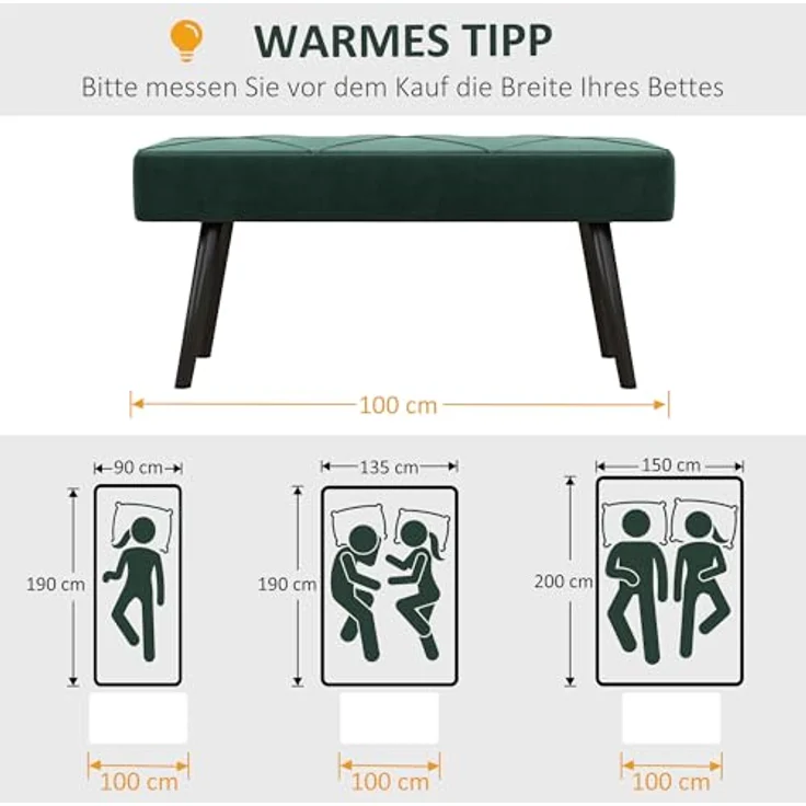 HOMCOM Polsterbank Sitzbank mit X-Muster, in Samtoptik, bis 120 kg Belastbar (Flurbank, 1-St, Bettbank), für Schlafzimmer, 100 x 36 x 45 cm, Grün – Bild 4