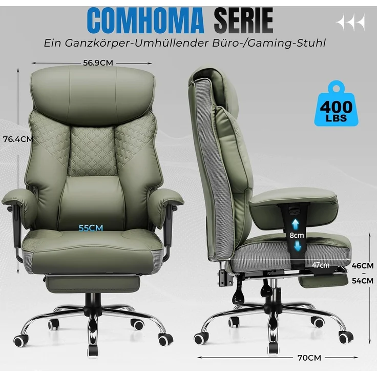 COMHOMA Gaming Stuhl für Große und Schwere Personen, ergonomischer Bürostuhl bis 180 kg, 3D Sitzkissen, verstellbar mit Fußstütze, PU-Leder, hoher Komfort für Büro & Gaming grün – Bild 8