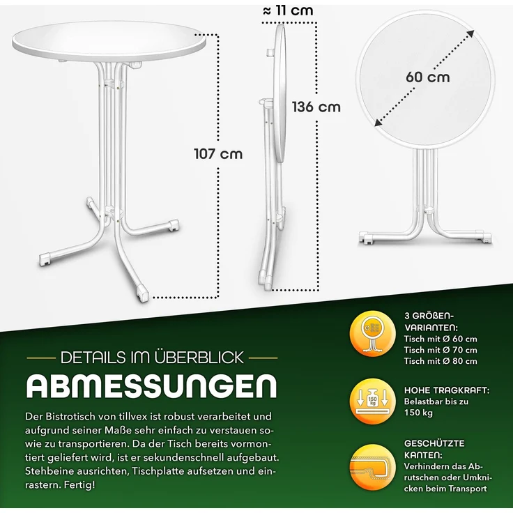 tillvex® Gastro Stehtisch klappbar 2er Set - Ø60cm weiß | Bistrotisch FERTIG MONTIERT | Klapptisch rund - wetterfester Partytisch | Gartentisch Indoor & Outdoor – Bild 5