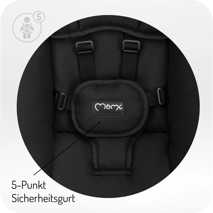 MoMi KENANI ONYX Babywippe für Babys bis 9 kg, mit LED-Display, Fernbedienung & Bluetooth für Smartphone, Batterie- oder Stromanschluss, mit 5-Punkt-Sicherheitsgurt, Bügel und Spielzeug – Bild 6