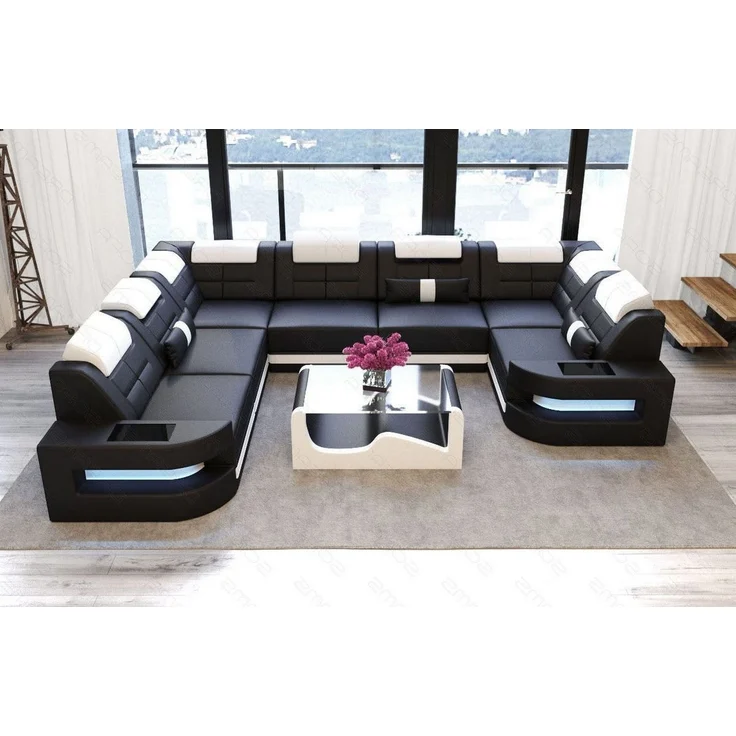 Mini Wohnlandschaft Como U Form - Echtleder - schwarz-weiß - Links – Bild 3