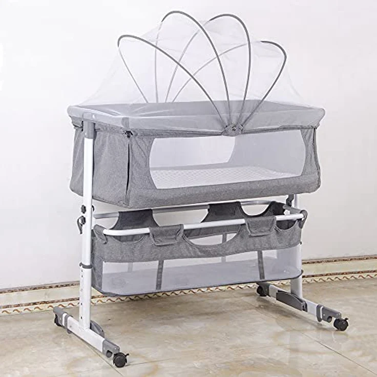 Beistellbett 3 in1 Babybetten Tragbar Babybett mit atmungsaktivem, Verstellbarer Stubenwagen Beistellbett mit Aufbewahrungskorb, 92 x 58 x 70–90 cm - Cremeweiß – Bild 2