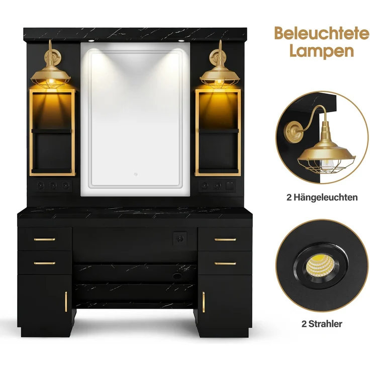 BarberPub Friseurplatz mit 4 Schubladen, Schminktisch mit Spiegel, Bedienungsplatz mit 4 Ablagen & 2 Schränken, Spiegelschrank mit Beleuchtung, Spiegeltisch, Friseureinrichtung, 3187 (Schwarz-Gold) – Bild 6