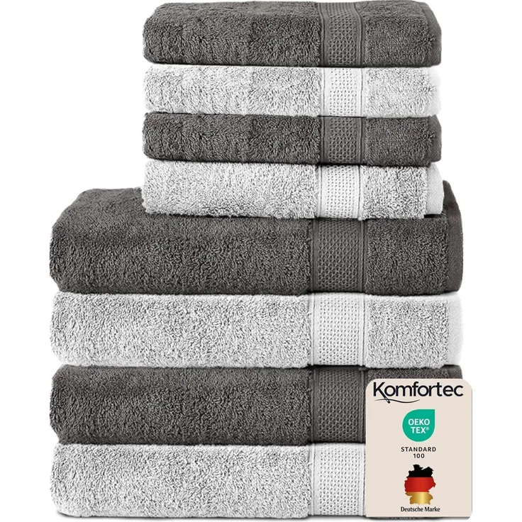 Komfortec 8er Handtuch Set aus 100% Baumwolle, 4 Badetücher 70x140 und 4 Handtücher 50x100 cm, Frottee, Weich, Towel, Groß, Anthrazit/Weiß
