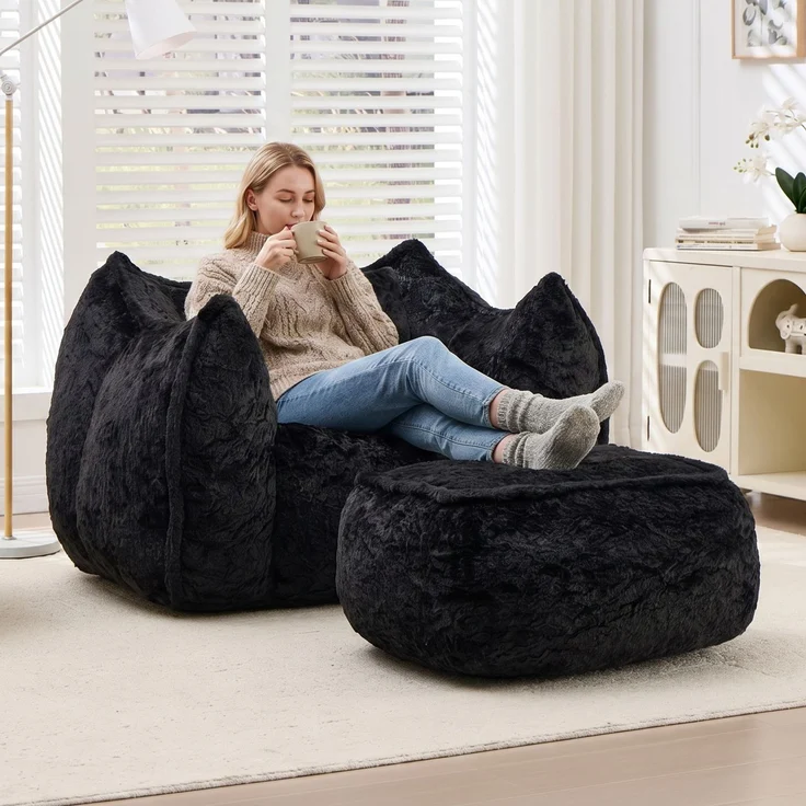 Riesiger Sitzsack für Erwachsene und Kinder, Sitzsack-Sofa mit Kunstfellbezug, Kissen und Hocker, bequemes Lese- und Spielsofa für Schlaf- und Wohnzimmer, Schwarz--Schwarz--123x157x73cm--YOUDENOVA – Bild 8