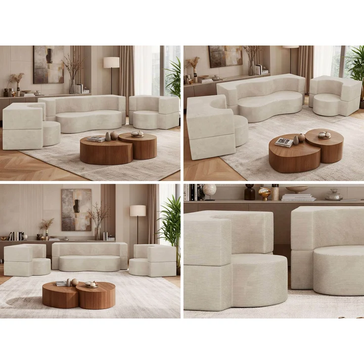 Polstermöbel-Set SANOA, Sofa mit 2 Sesseln, Schlaffunktion, Ausklappbares Sofa, 3-teiliges, Schaumstoffkern - Beige Schmaler Cord – Bild 2