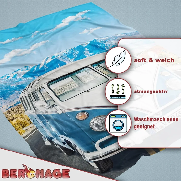 BERONAGE Tagesdecke Volkswagen Decke VW Bulli T1 Adventure Blau 150x200 cm Kuscheldecke, passend zur Bettwäsche, ideal für Sofa, Couch, Bett, Auto, Camping – Bild 3