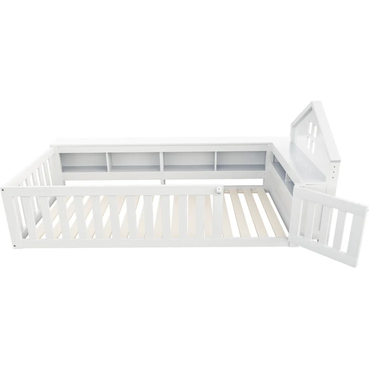 Kinder Hausbett aus Massivholz mit Stauraum, Sicherheitsgeländer & kleiner Tür,mit Dachdesign, Fensteroptik & Regalfächern,Weiß – Bild 7