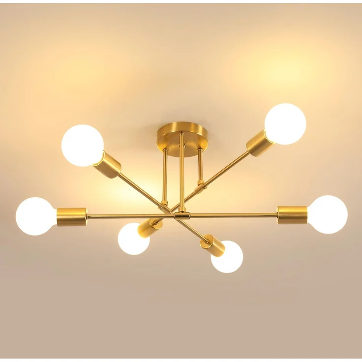Goeco Deckenleuchte Vintage, Ø 60 cm Gold Deckenlampe Sputnik Kronleuchter mit 6 Flammig E27, Pendelleuchte Rustikal für Wohnzimmer Esszimmer Küche Flur, Max. 60 W (Ohne Glühbirnen)