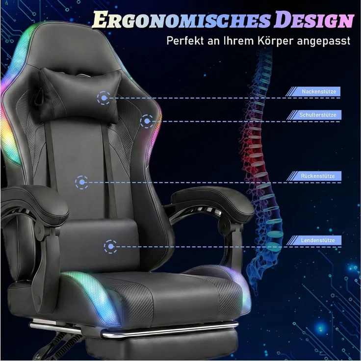 HOMALL Gaming-Stuhl mit LED,Ergonomisch,Fußstütze,computerstuhl,gaming stuhl mit massage, Ergonomischer Bürostuhl,Kopfstütze und Lendenstütze – Bild 4