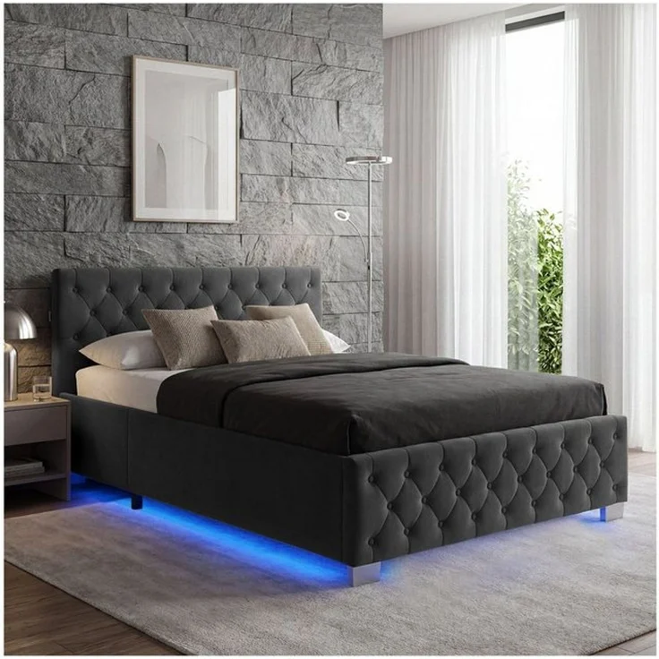 tectake Polsterbett Komfortbett mit LED-Leisten & Stauraum - Samtoptik mit Steppmuster (Bettset, in Samtoptik Schwarz), stabiler Stahlrahmen, Belastbarkeit 200 kg – Bild 4