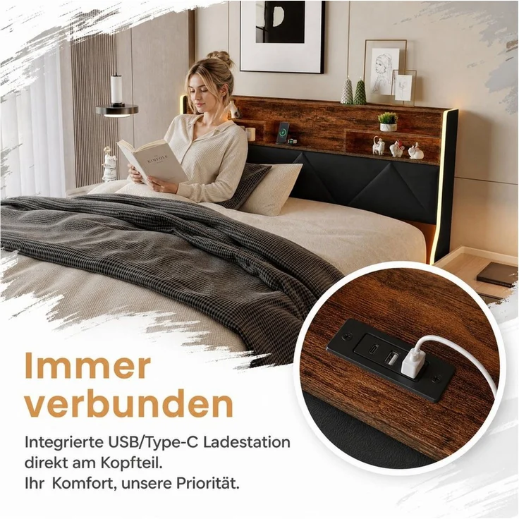 PXloue Polsterbett Stauraumbett Geeignet für kleine Wohnungen (Kopfteil mit 2 USB-Anschlüsse und 1 Typ-C-Ladeport), Hydraulisches Doppelbett, mit LED-Leisten, PU, 160x200 – Bild 4