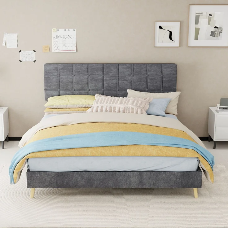 Novelux Polsterbett 160x200 cm mit gepolstertem Kopfteil im Karomuster - Stabiles Stoffbett Doppelbett mit Massivholzfüßen, Dunkelgrau, Skandinavisch – Bild 9