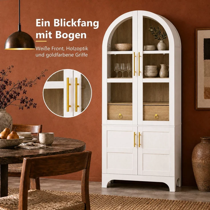 EINHOM Highboard mit verstellbaren Regalböden und Schublade, Küchenschrank mit Riffelglas und großem Stauraum, Ideal für Esszimmer, Wohnzimmer und Küche (Weiß) – Bild 6