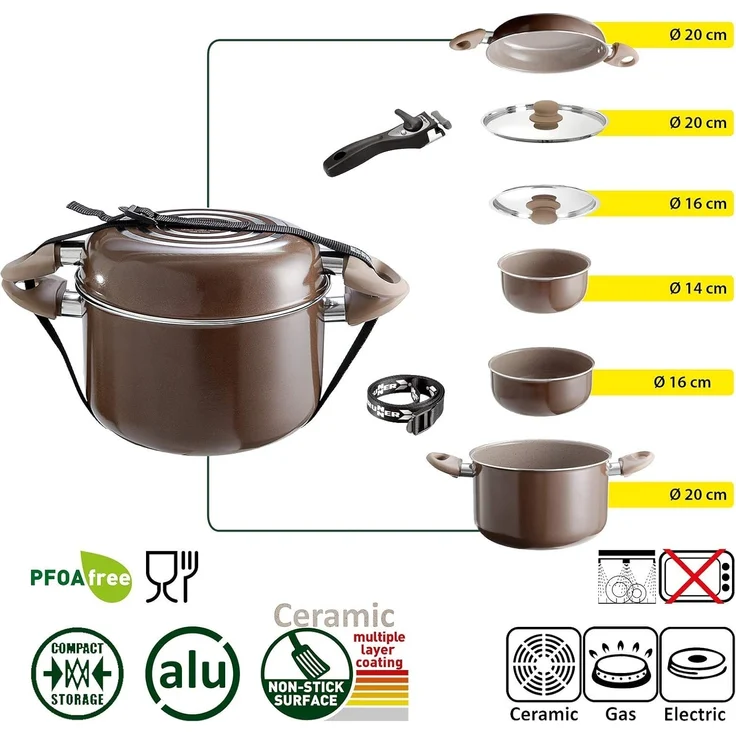 BRUNNER Topf-Set BRUNNER Camping Kochtöpfe Alu CHOCOLATE Platzsparend, Stapelbar, (7-tlg) – Bild 4