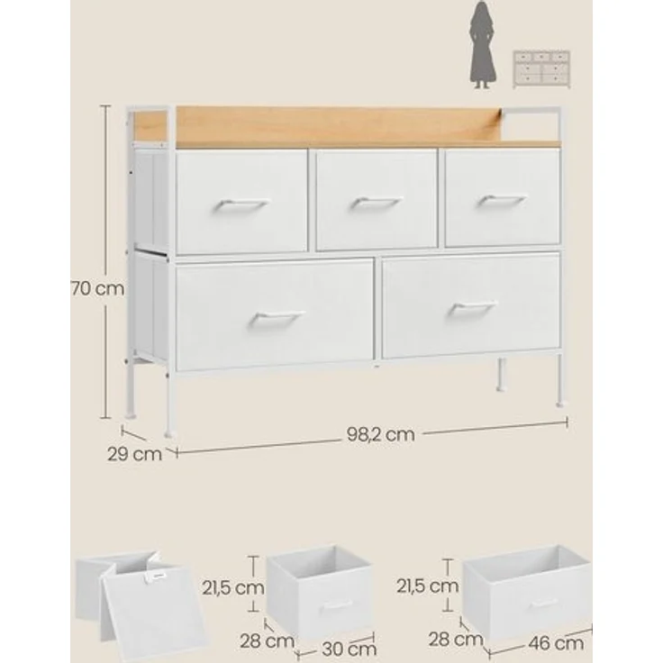 Songmics Kommode, 5 Stoff-Schubladen mit Griffen, MDF / Stahl wolkenweiß-eichenbeige, 70 x 29 x 98,2 cm – Bild 5