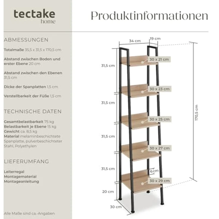tectake Leiterregal Folkestone, Einzelstück 1-tlg, Industrial Style – Bild 3