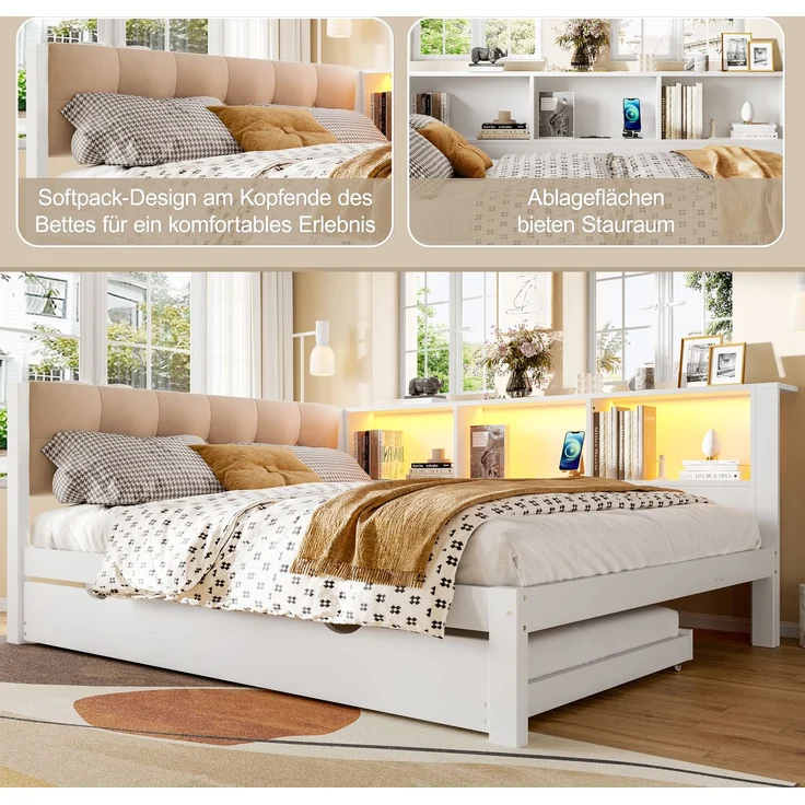 Daybett 140x200 cm mit Ausziehbett und LED-Beleuchtung, Weiß, Kiefernholz & MDF, Einzelbett mit USB-Anschluss, Regal und Rollbett – Bild 7