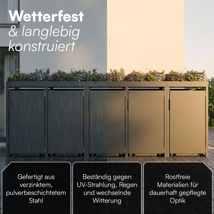 STEELSØN 'Thoria' Mülltonnenbox 5er je 120 Liter, anthrazit, Mülltonnenverkleidung aus Stahl, wetterfest, 111x62x294,5 cm, Müllbox mit Pflanzendach für 5 Tonnen – Bild 4