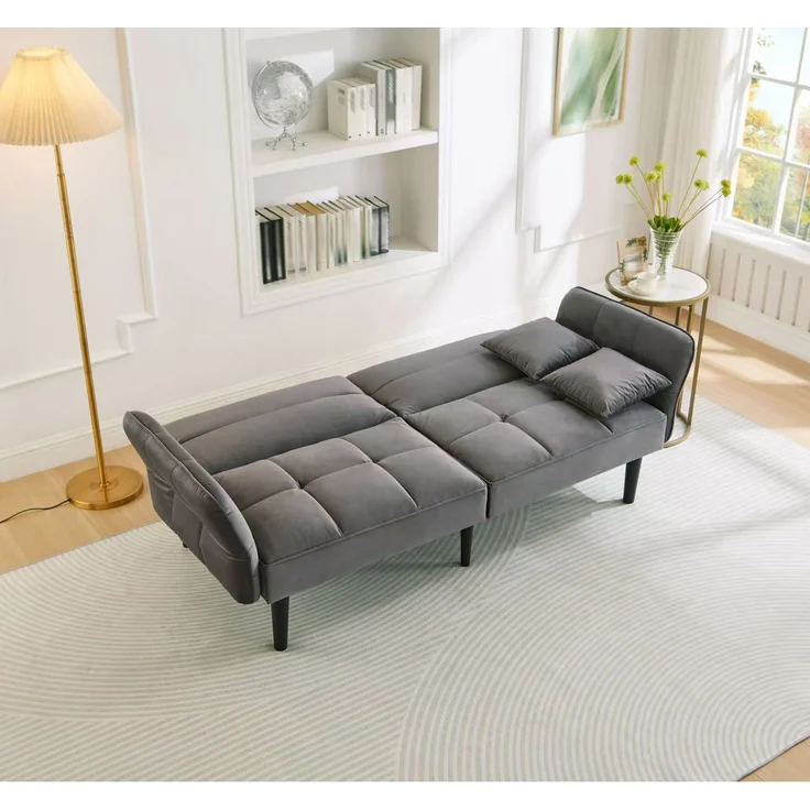 Schlafsofa Samt 2-in-1 verstellbar, mit klappbaren Armlehnen,Sofabett mit Massivholzfüßen & 2 Kissen,Grau – Bild 3