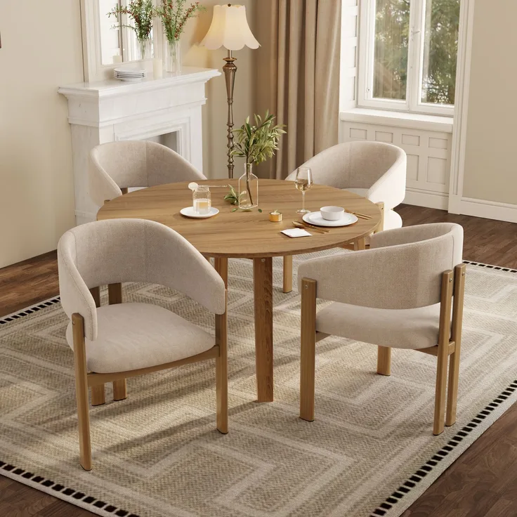 4 Esszimmerstühle aus Metall in Holzoptik, bequem und atmungsaktiv, geeignet für Esszimmer, Wohnzimmer, Cafés, moderner Stil, Leinenstoff, Naturholzfarbe--Holz--61.5x52.5x83cm--YOUDENOVA