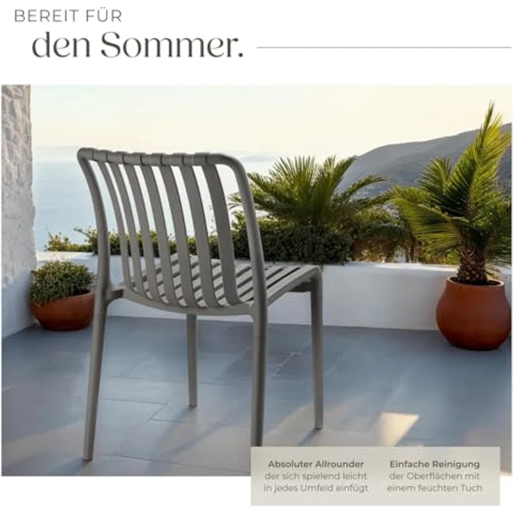 tectake Gartenstuhl Balkonstuhl, stapelbar, Belastbarkeit 110 kg, 47 x 58 x 80,5 cm (Terrassenstuhl Alcudia für Außen in Antrazit, 2 St), wetterfest und UV-beständig, pflegeleicht, rutschfeste Gummischoner – Bild 6