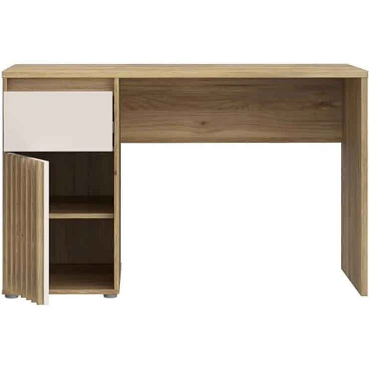 Forte ELISTON Schreibtisch 120, moderner Schreibtisch mit Lamellendesign, Schrank und Schublade, Schlafzimmer, Büro, Mauvella Eiche Holzdekor|Kashmir Beige, 120 cm breit x 74,4 cm hoch x 60 cm tief – Bild 6
