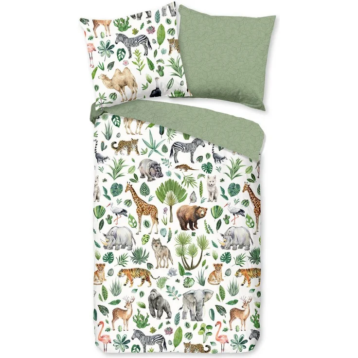 good morning Babybettwäsche Samba, Renforcé, 2 teilig, 100% Baumwolle, 120x150, Reißverschluss, Wendeoptik, Baby, Tier, Grün – Bild 5