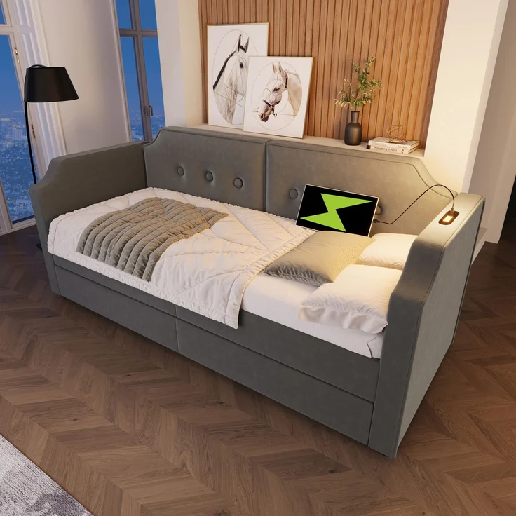 Schlafsofa Grau mit USB Type-C, Leselampe und 2 Schubladen, Samtbezug, 90x200 cm – Bild 3