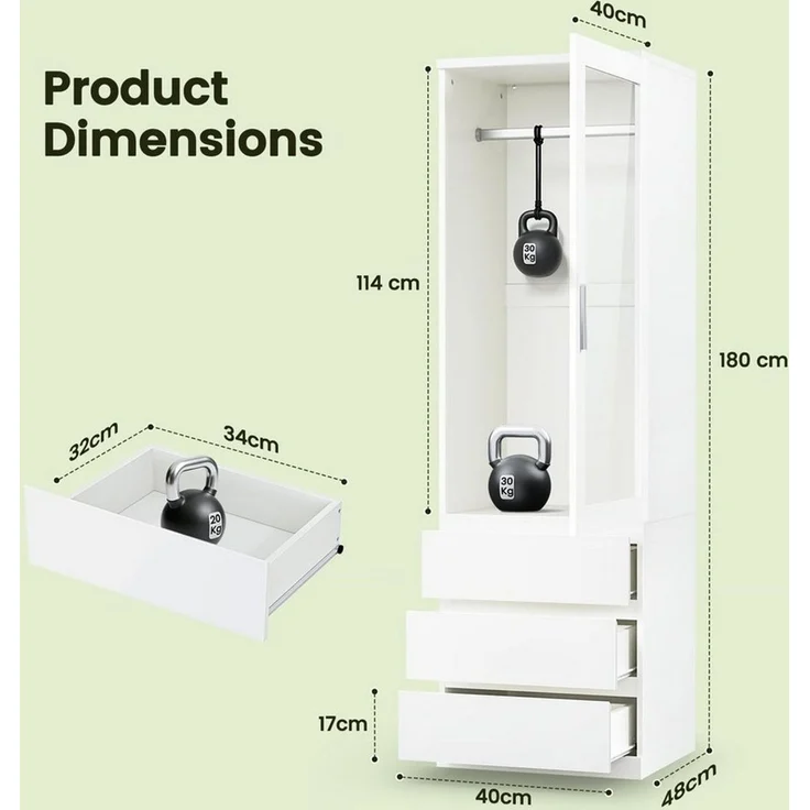 Dripex Kleiderschrank Kleiderschrank Weiß Acrylfront 3 Schubladen, kompakt H180xB40xT48cm – Bild 3