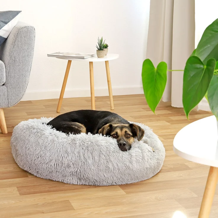 lionto Donut Hundebett, rundes Hundesofa mit Plüschbezug & Anti-Rutsch-Noppen, weich & gemütlich, 70 cm Durchmesser, hellgrau – Bild 3