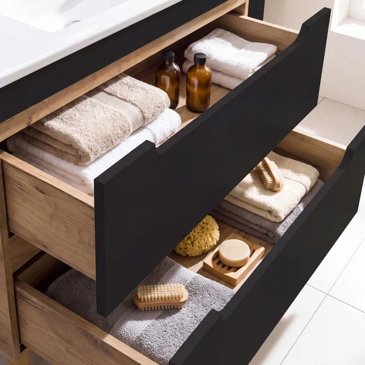 Badmöbel Set in seidenmatt anthrazit mit Wotan Eiche Nb. NEW-LUTON mit 81 cm Keramik-Waschtisch & LED-Spiegelschrank, B/H/T ca. 130/200/46 cm – Bild 6