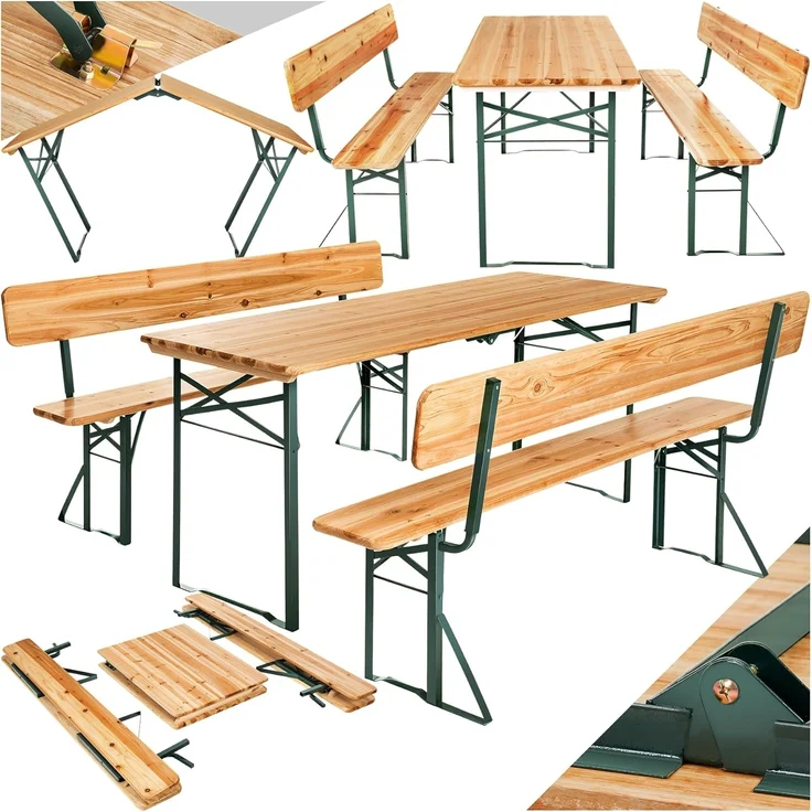 tectake® Bierzeltgarnitur mit Lehne, Biertisch Klapptisch mit 2X Sitzbank mit Lehne, Gartenmöbel Set, Camping Zubehör, Klapptisch Esstisch, Camping Tisch faltbar, Balkontisch, Campingtisch klappbar – Bild 1