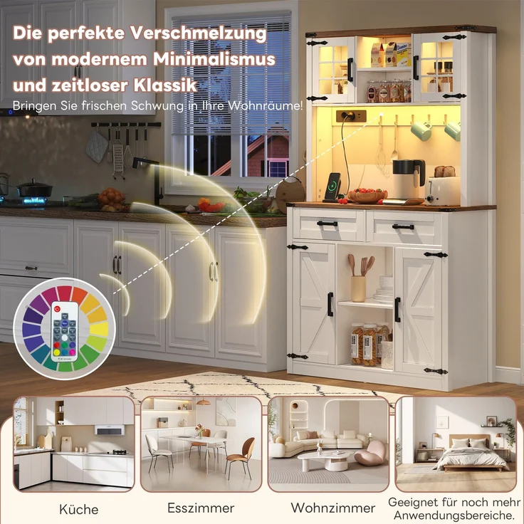 EINHOM Barschrank mit LED-Beleuchtung und Steckdosen, Großer Küchen-Buffetschrank mit 2 großen Schubladen, Scheunentor-Design, Verstellbaren Einlegeböden, Rustikaler Kaffeebar-Sideboard-Tisch, Weiß – Bild 7