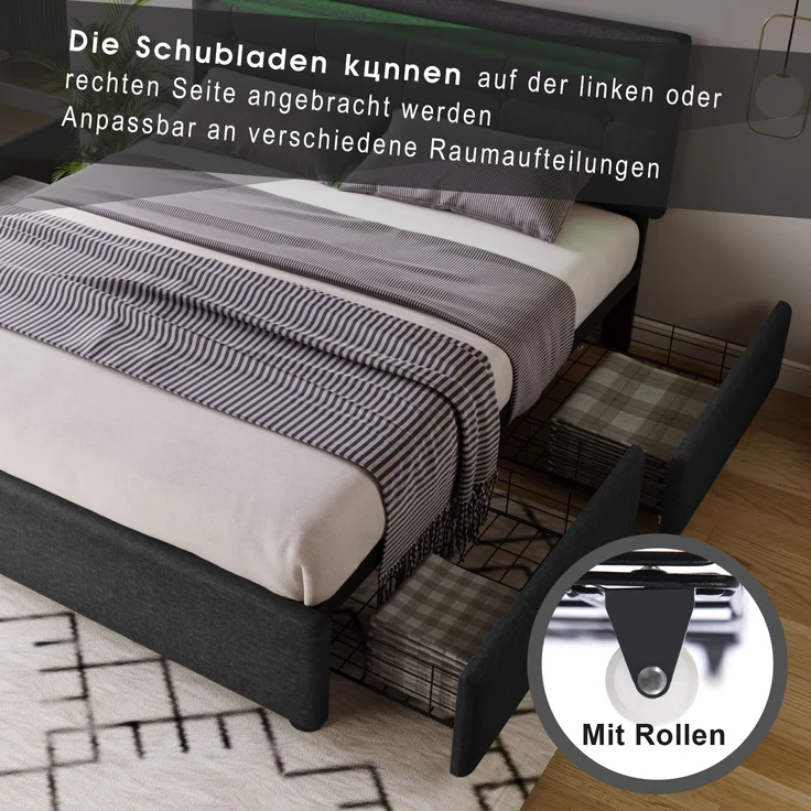 Polsterbett 140x200 cm mit LED-Beleuchtung und 4 Schubladen – inkl. Matratze, Leinenbezug in Grau – Bild 3