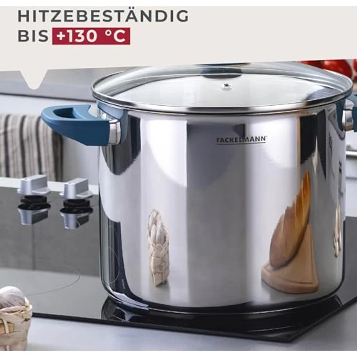 Fackelmann Suppentopf Essential, Ø 24 cm, 9L, Hochwertiger Edelstahl, ergonomische Bakelit-Griffe, für alle Herdarten geeignet, Blau – Bild 5
